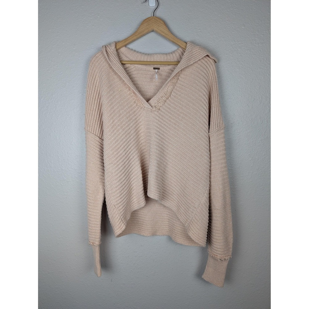 Free People Sweater Womens Small Pink Hooded Rib Knit Asymmetrical Hem Pullover
